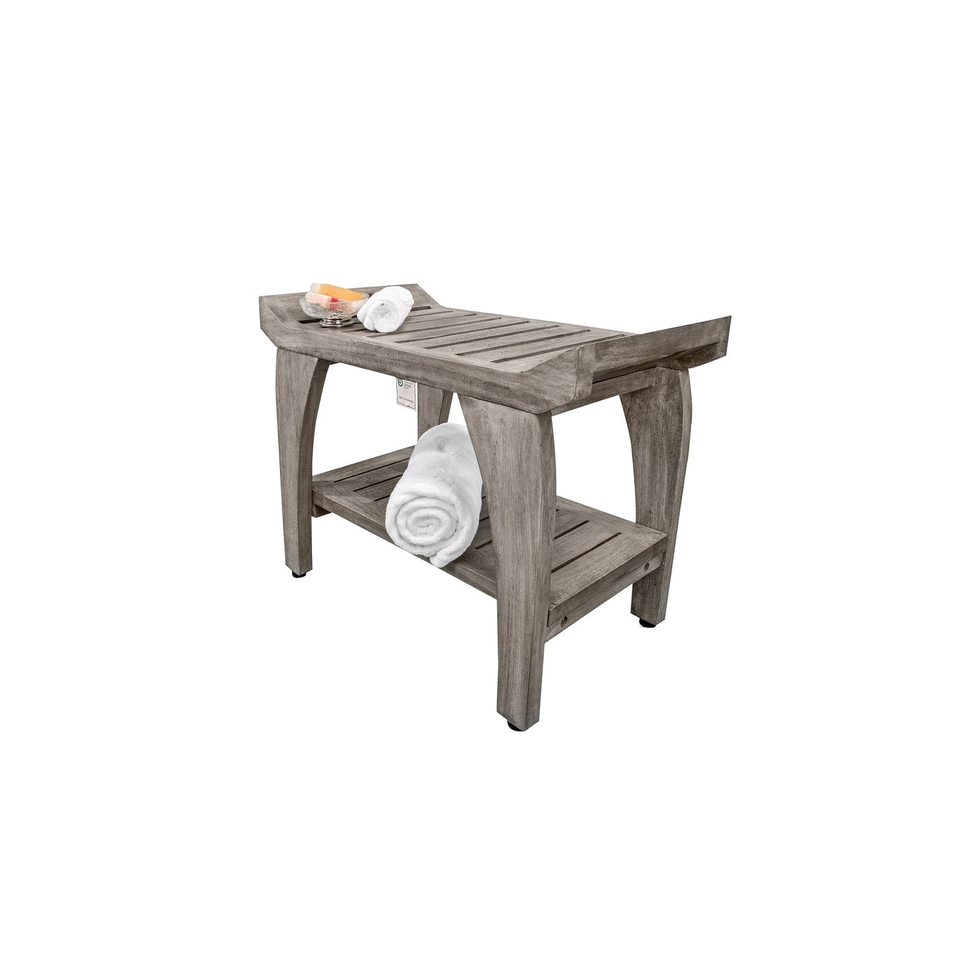 CoastalVouge Tranquility 24" Antique Gray Solid Teak Wood Shower Bench With Shelf and LiftAide Arms