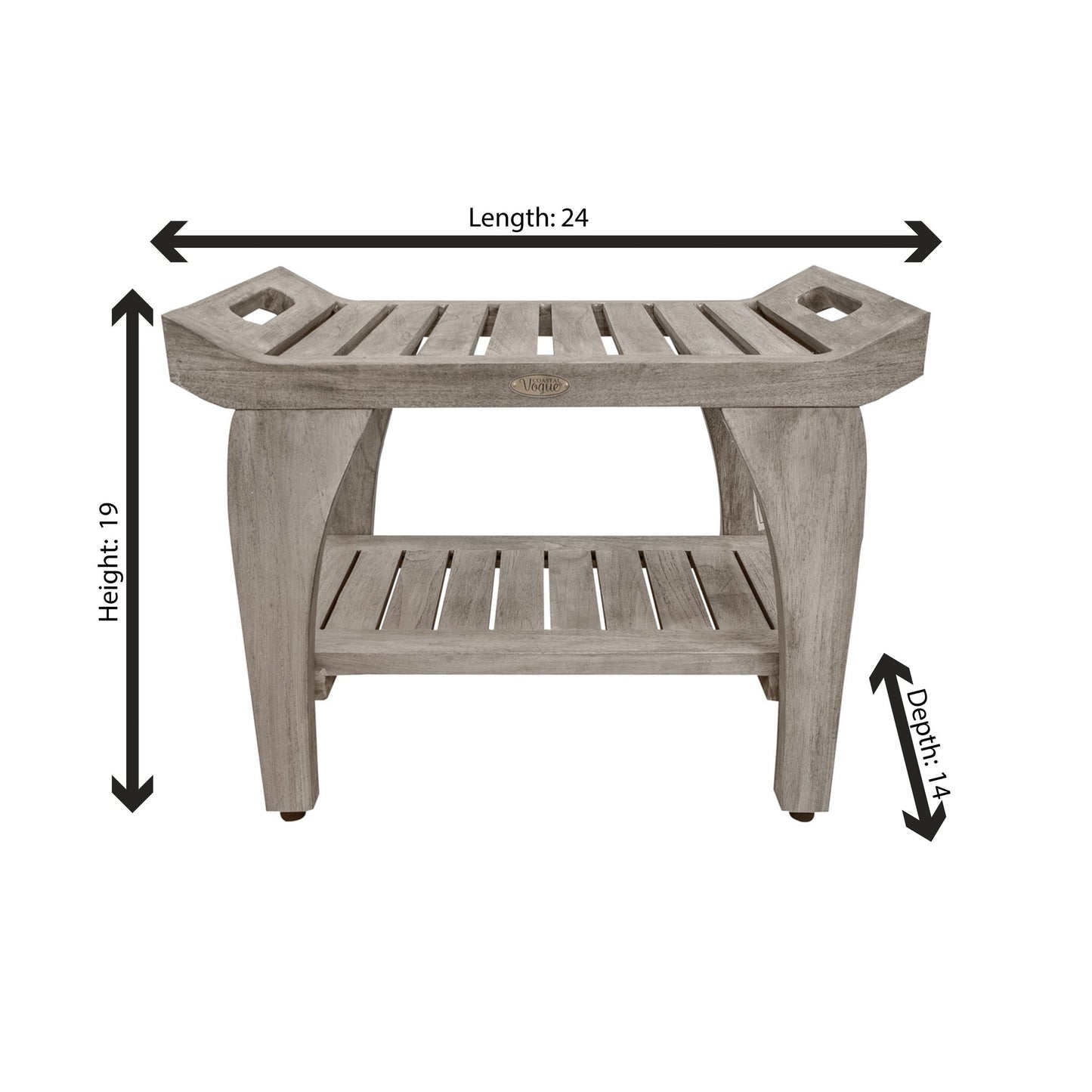 CoastalVouge Tranquility 24" Antique Gray Solid Teak Wood Shower Bench With Shelf and LiftAide Arms