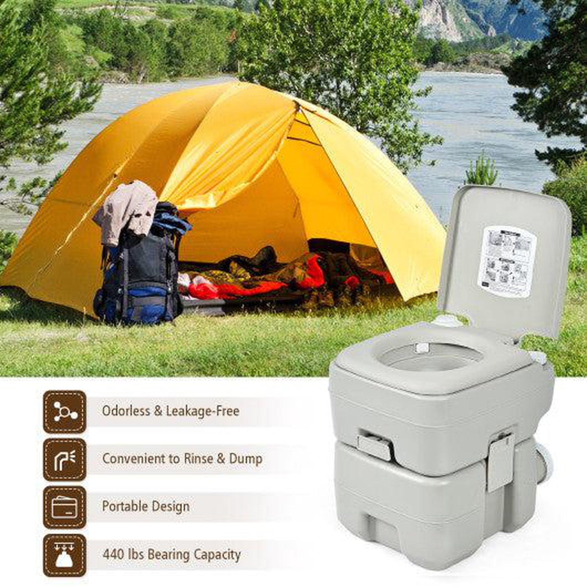 Costway 5.3 Gallon 20 L Portable Travel Toilet for Camping RV Indoor Outdoor