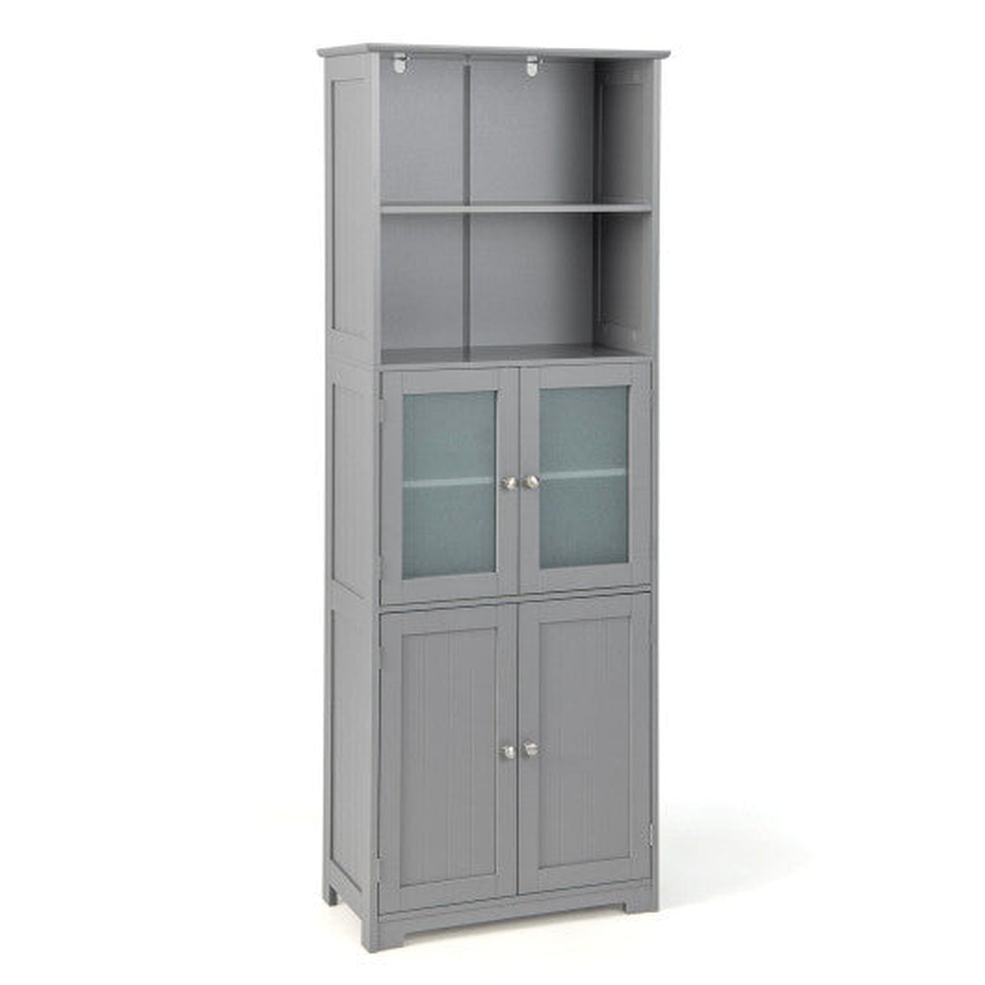 Costway 6-Tier Gray Freestanding Bathroom Cabinet with 2 Open Compartments and Adjustable Shelves