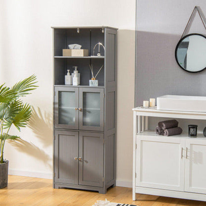 Costway 6-Tier Gray Freestanding Bathroom Cabinet with 2 Open Compartments and Adjustable Shelves