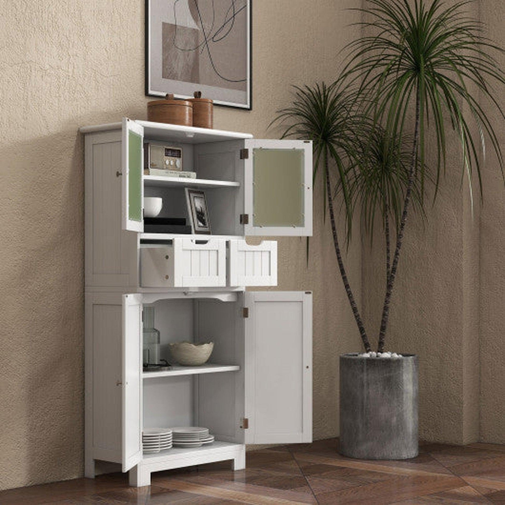 Costway 6-Tier White Freestanding Bathroom Cabinet with 2 Open Compartments and Adjustable Shelves
