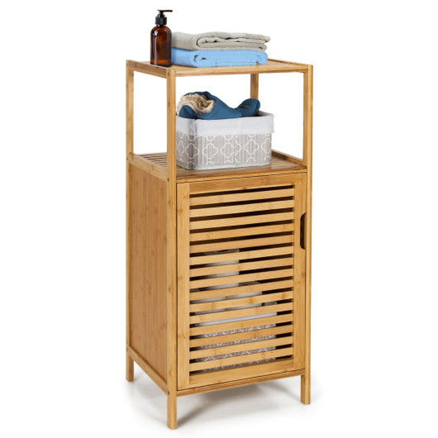 Costway Bamboo Bathroom Storage Floor Cabinet with Door and Shelf Corner Cabinet