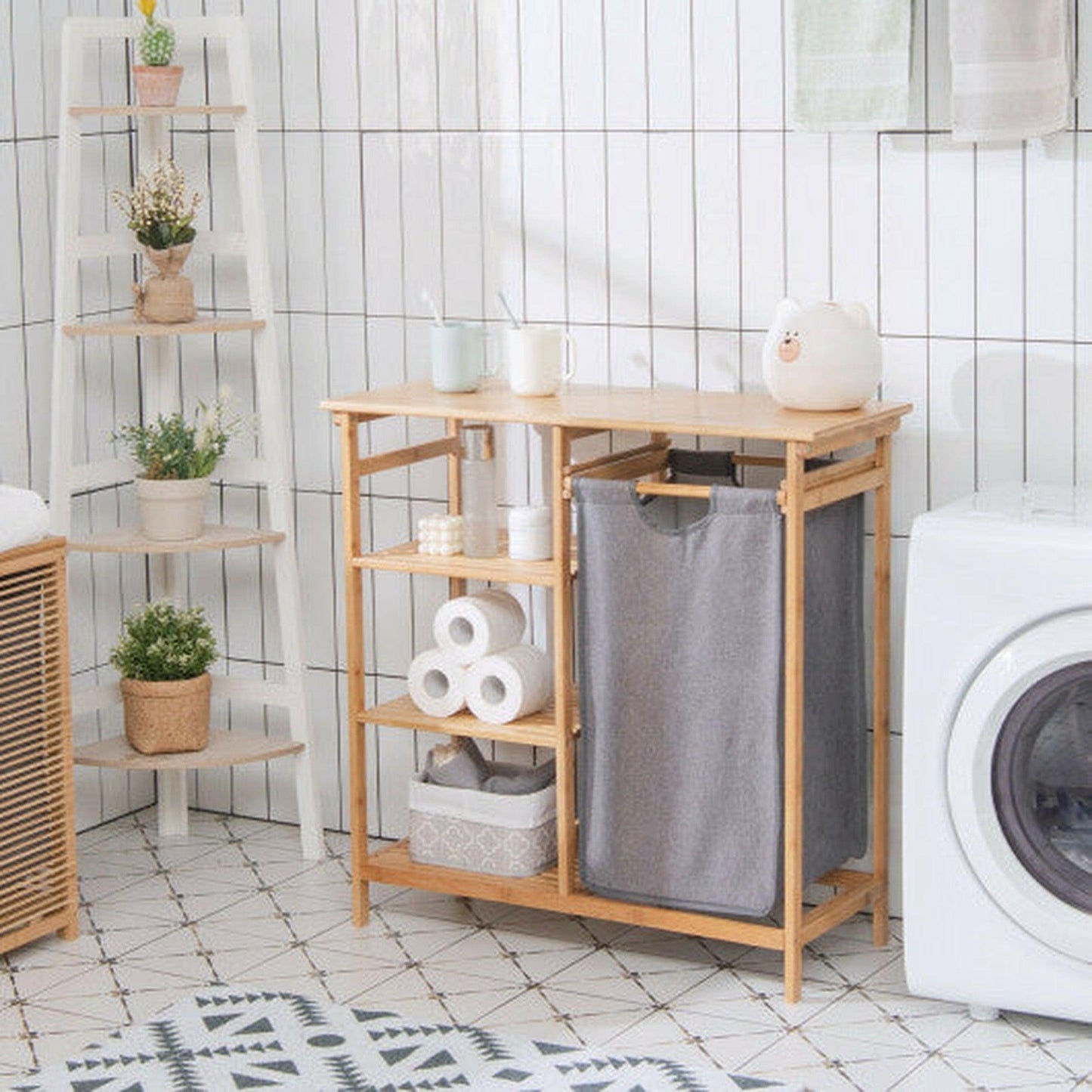 Costway Bamboo Laundry Hamper Stand with Removable Sliding Bag and 3-Tier Open Shelves