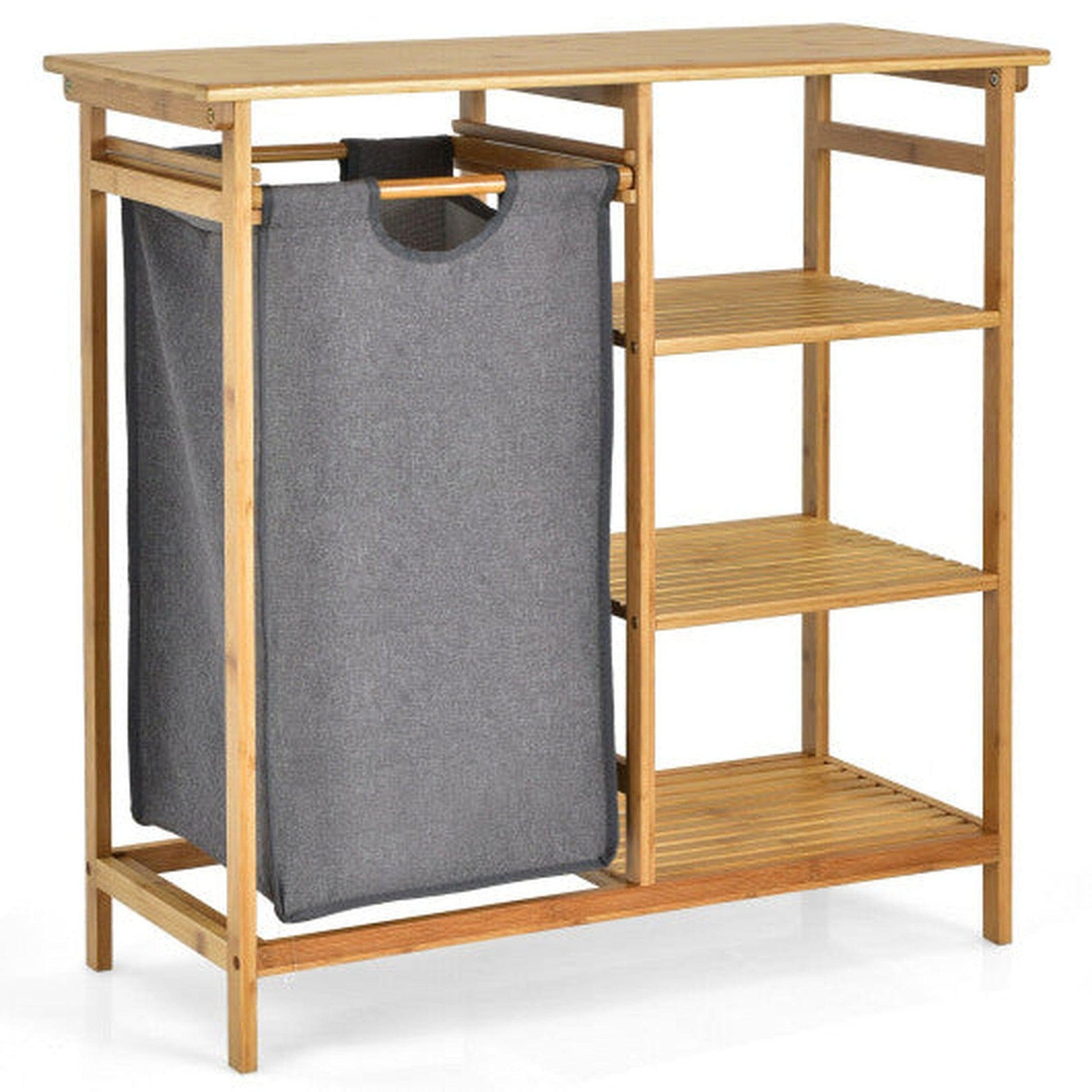 Costway Bamboo Laundry Hamper Stand with Removable Sliding Bag and 3-Tier Open Shelves