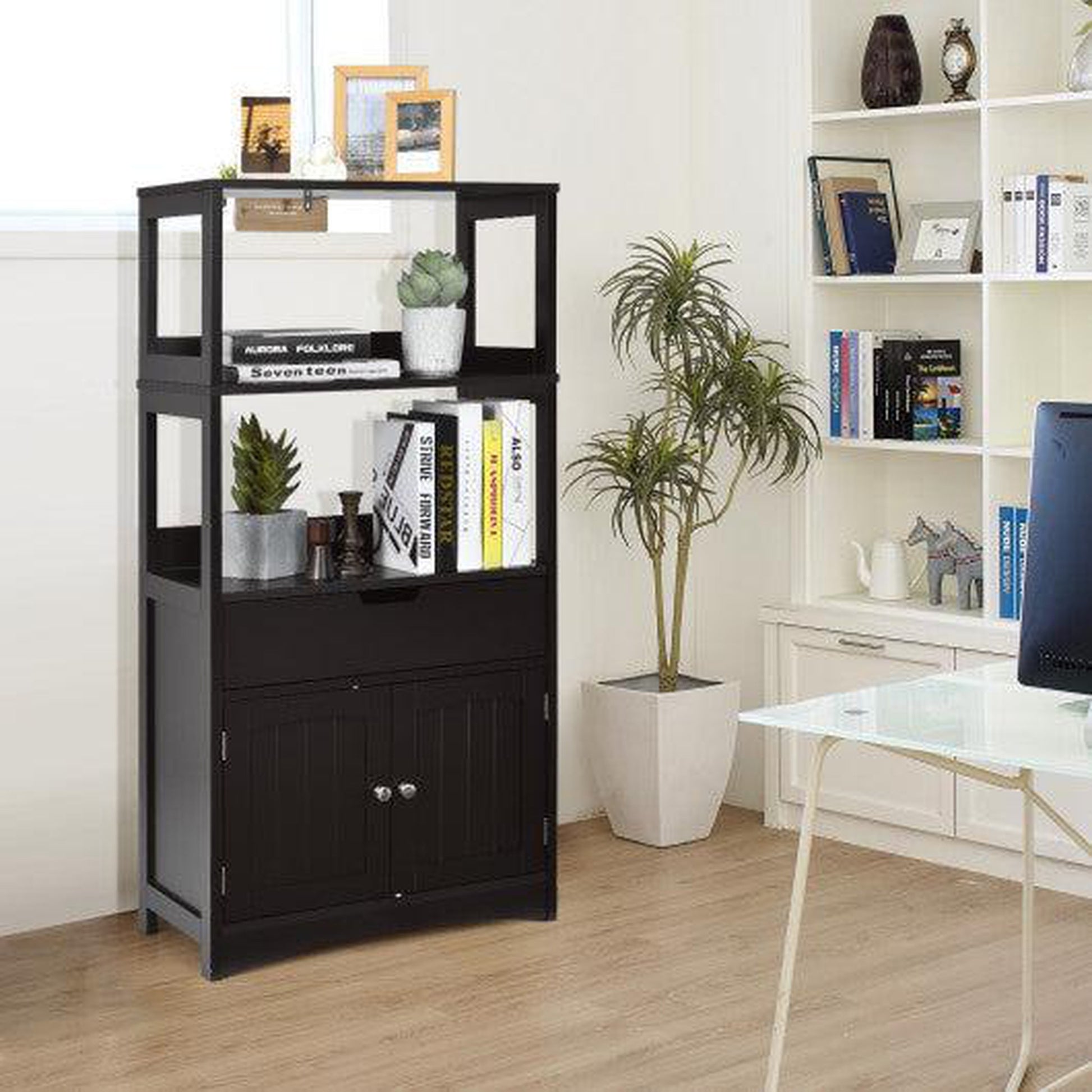 Costway Black Bathroom Storage Cabinet with Drawer and Shelf Floor Cabinet