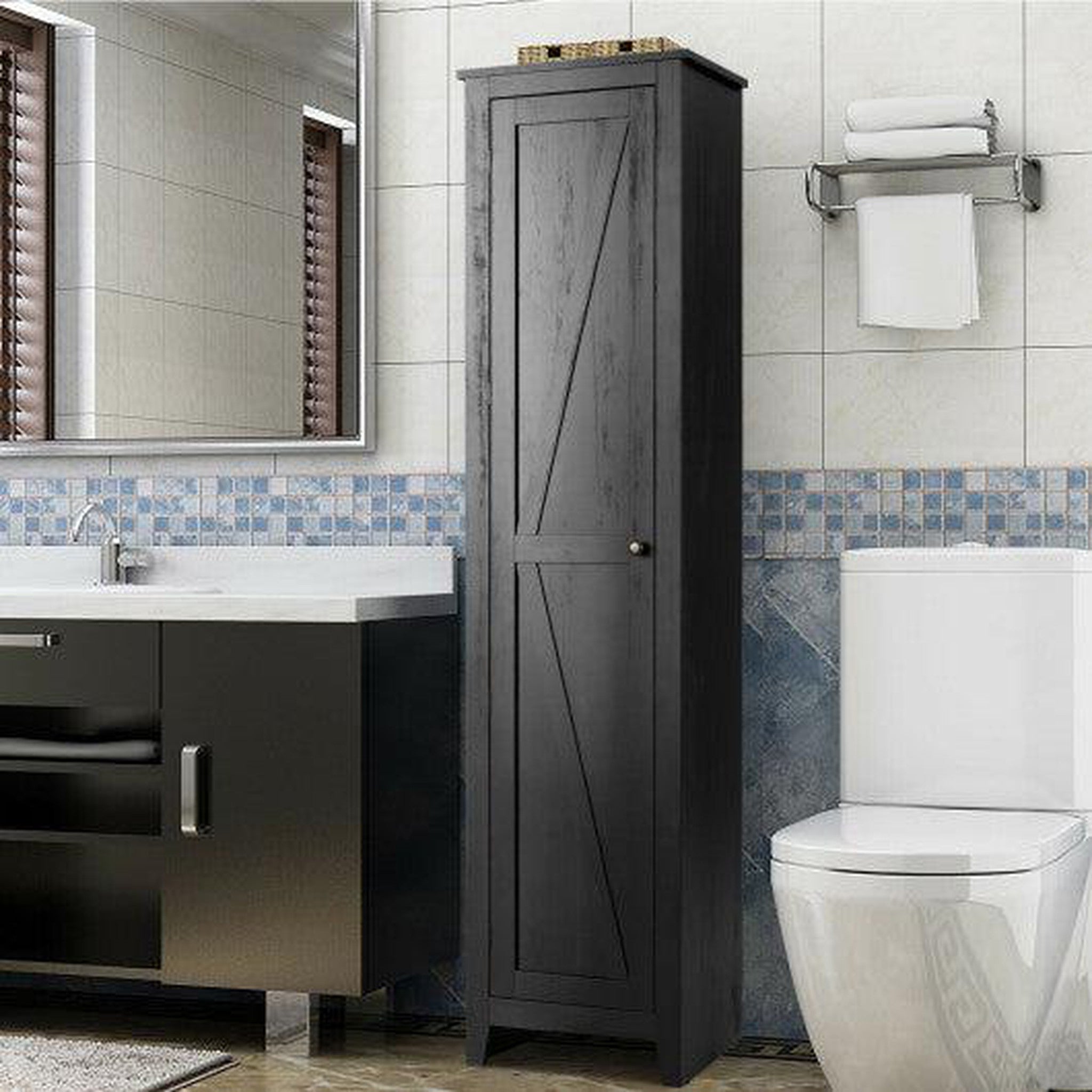 Costway Black Linen Tower Bathroom Storage Tall Slim Side Orga