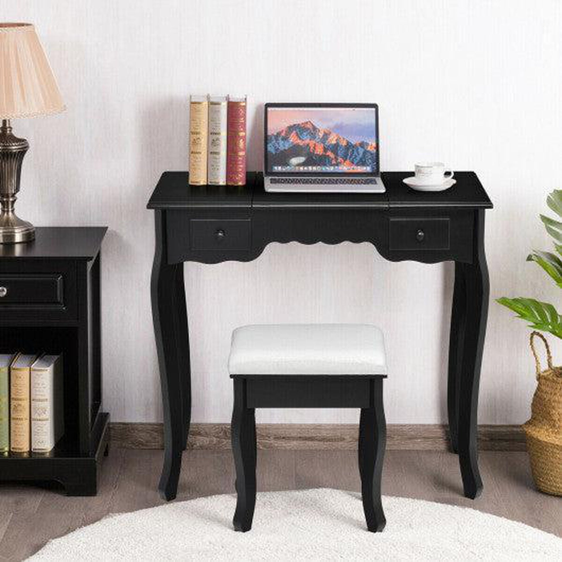 Costway Black Mirrored Bathroom Dressing Vanity Table Set w/ Stool