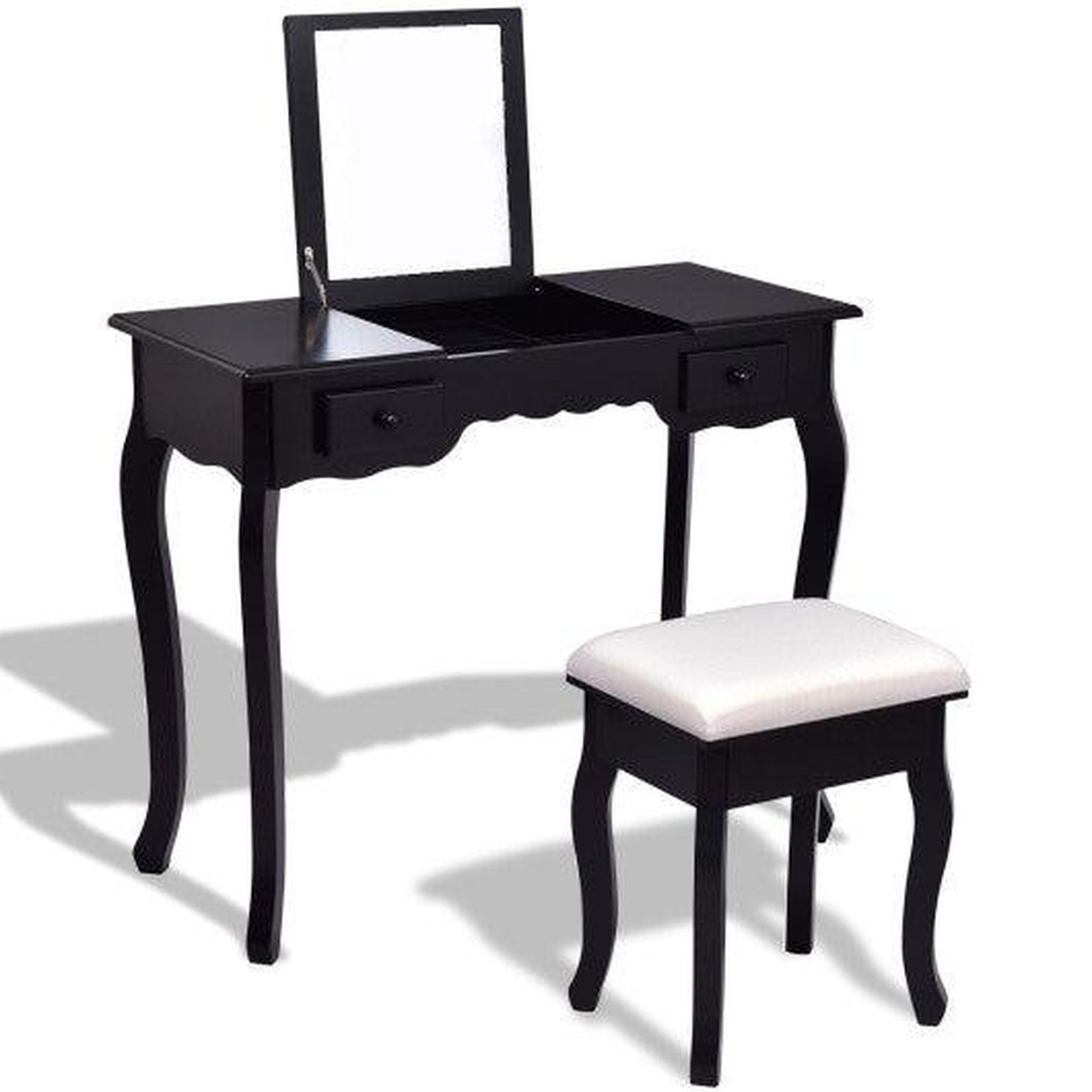 Costway Black Mirrored Bathroom Dressing Vanity Table Set w/ Stool