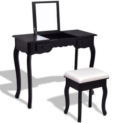 Costway Black Mirrored Bathroom Dressing Vanity Table Set w/ Stool