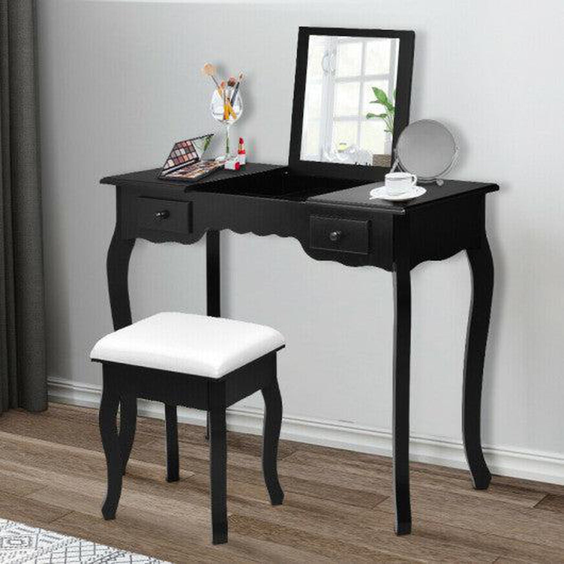 Costway Black Mirrored Bathroom Dressing Vanity Table Set w/ Stool