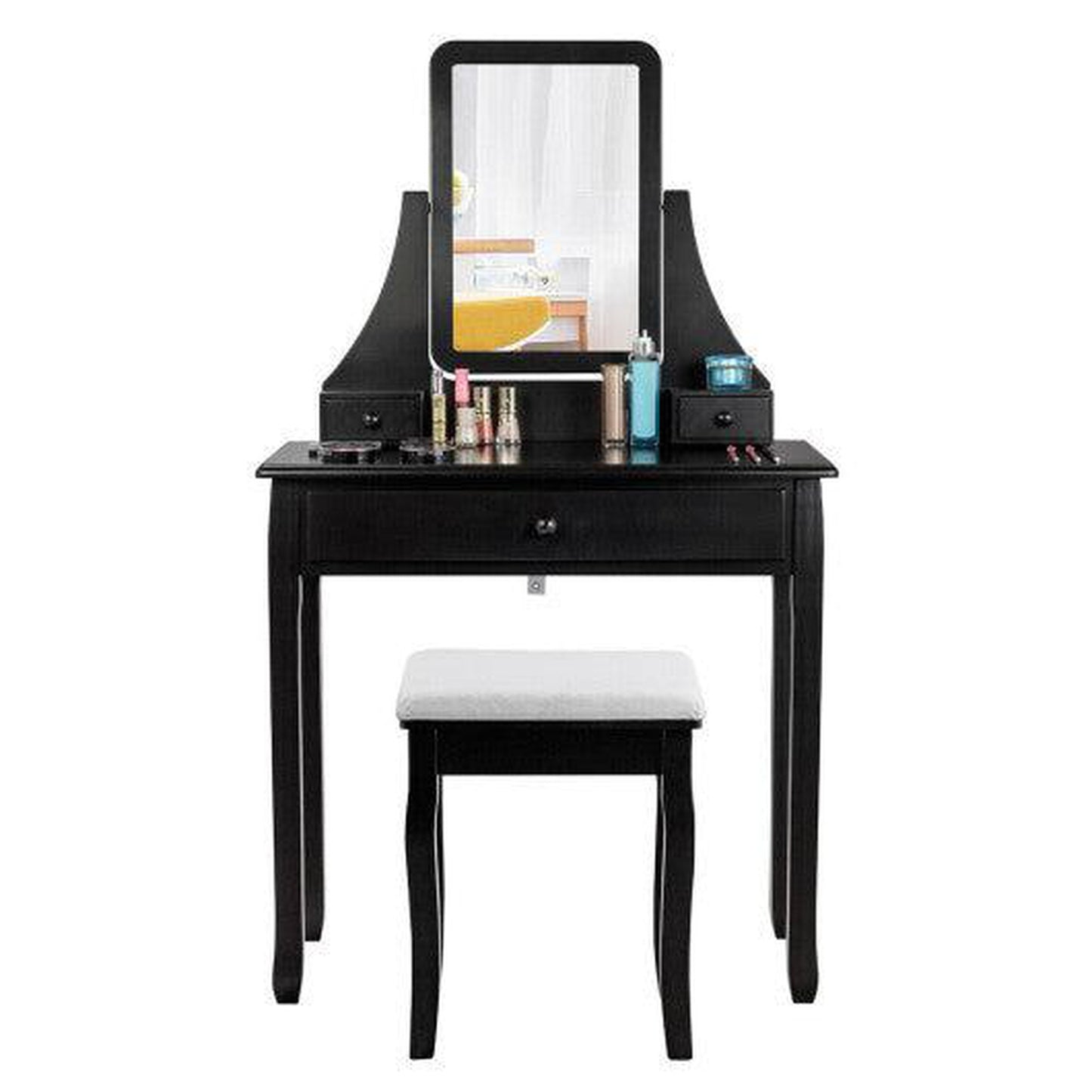 Costway Black Square Mirrored Vanity Dressing Table Set with 3 Storage Boxes