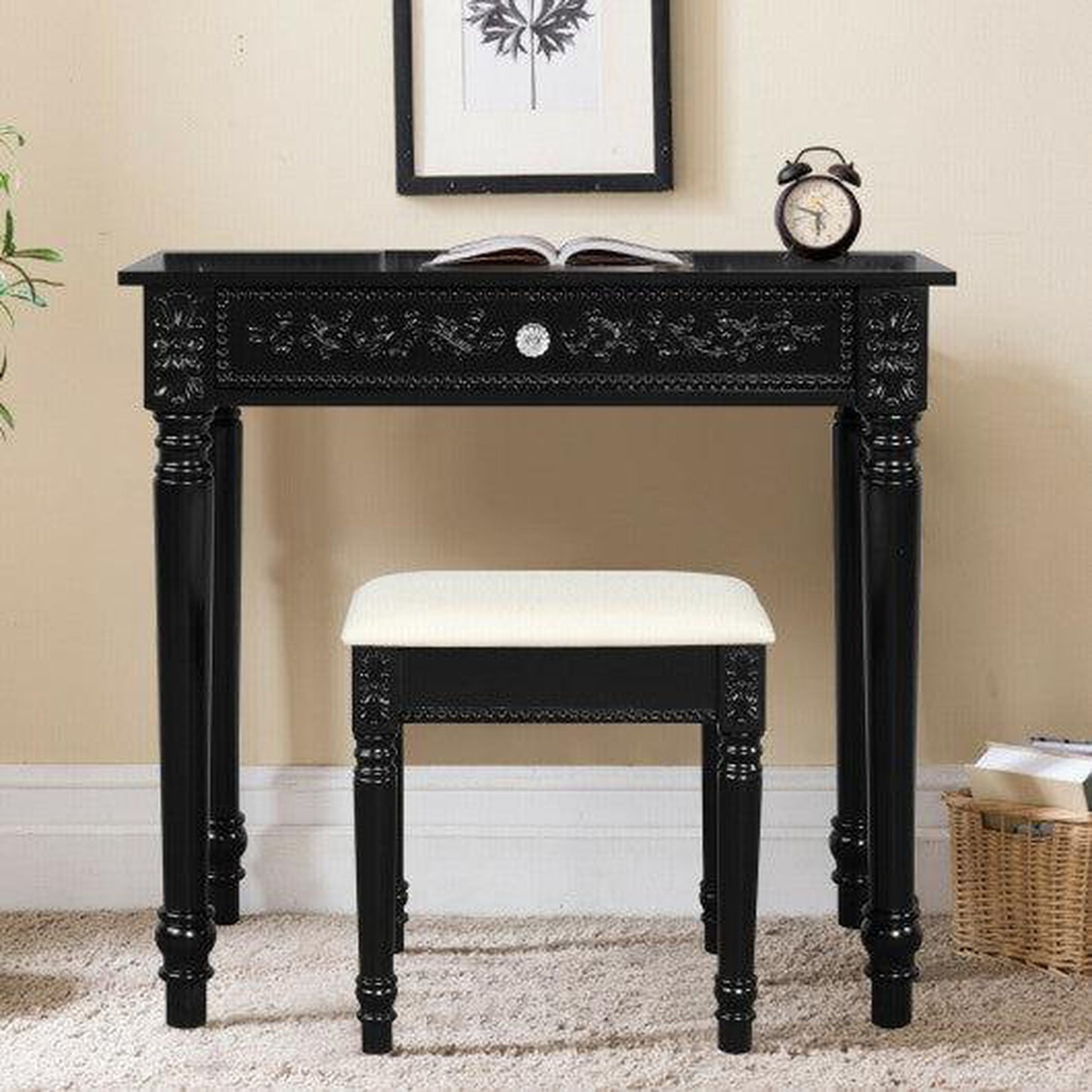 Costway Black Vanity Dressing Makeup Table Set with Tri-Folding Mirror and Stool