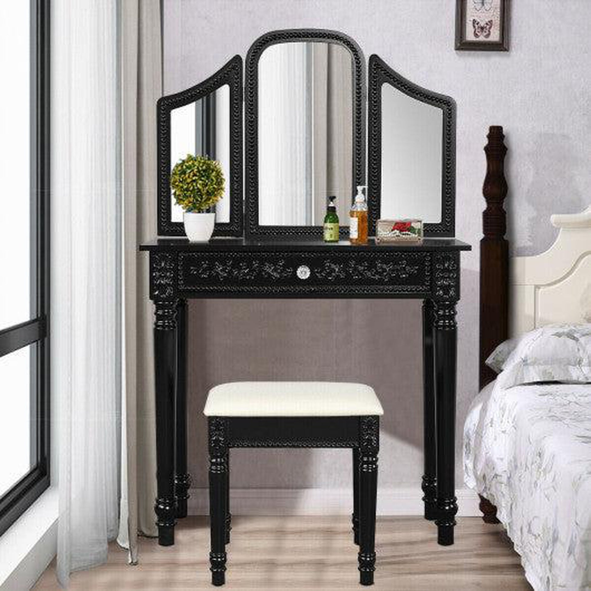Costway Black Vanity Dressing Makeup Table Set with Tri-Folding Mirror and Stool