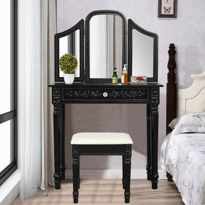 Costway Black Vanity Dressing Makeup Table Set with Tri-Folding Mirror and Stool