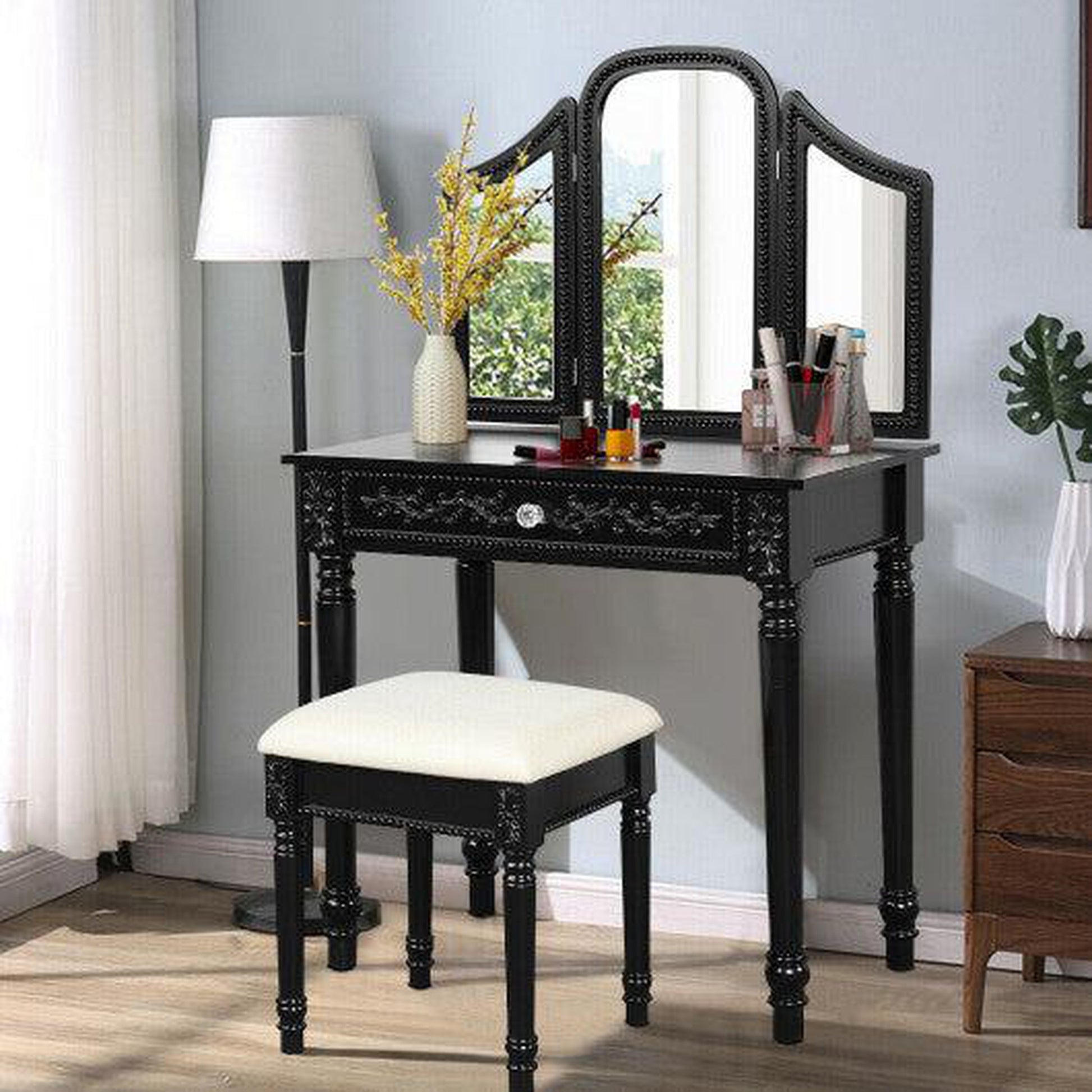Costway Black Vanity Dressing Makeup Table Set with Tri-Folding Mirror and Stool