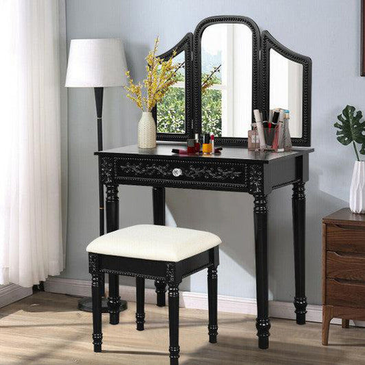 Costway Black Vanity Dressing Makeup Table Set with Tri-Folding Mirror and Stool