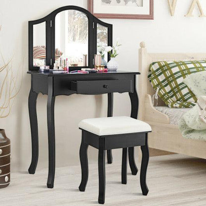 Costway Black Vanity Makeup Dressing Table Set with Tri-Folding Mirror and Drawer