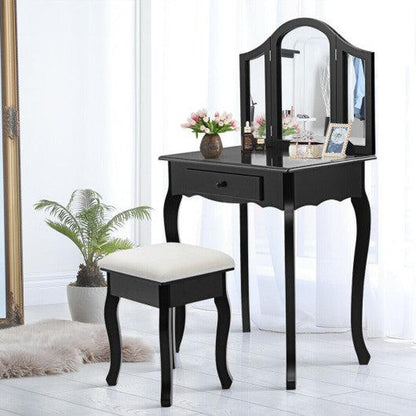 Costway Black Vanity Makeup Dressing Table Set with Tri-Folding Mirror and Drawer