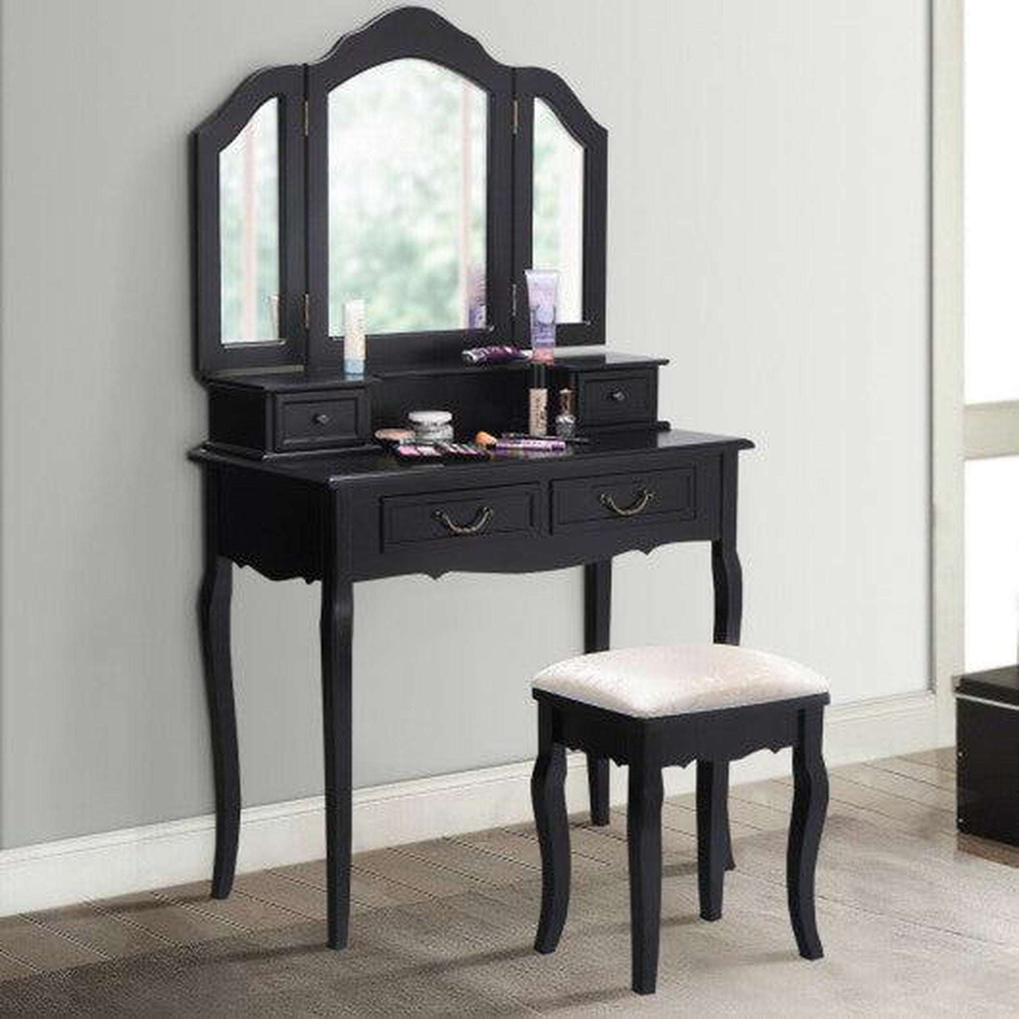 Costway Black Vanity Makeup Dressing Table with Tri Folding Mirror + 4 – US Bath Store Costway Black Vanity Makeup Dressing Table with Tri Folding Mirror + 4 – US Bath Store
