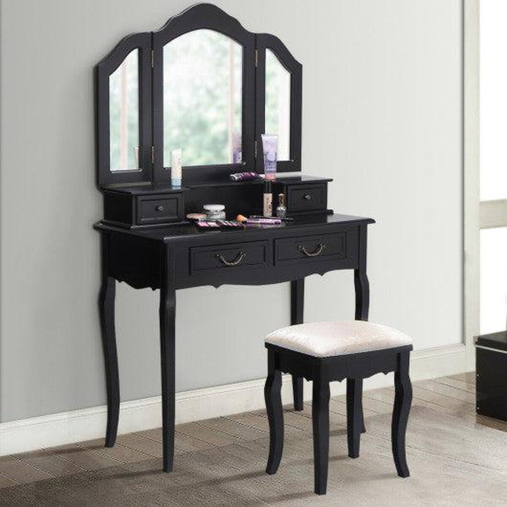 Costway Black Vanity Makeup Dressing Table with Tri Folding Mirror