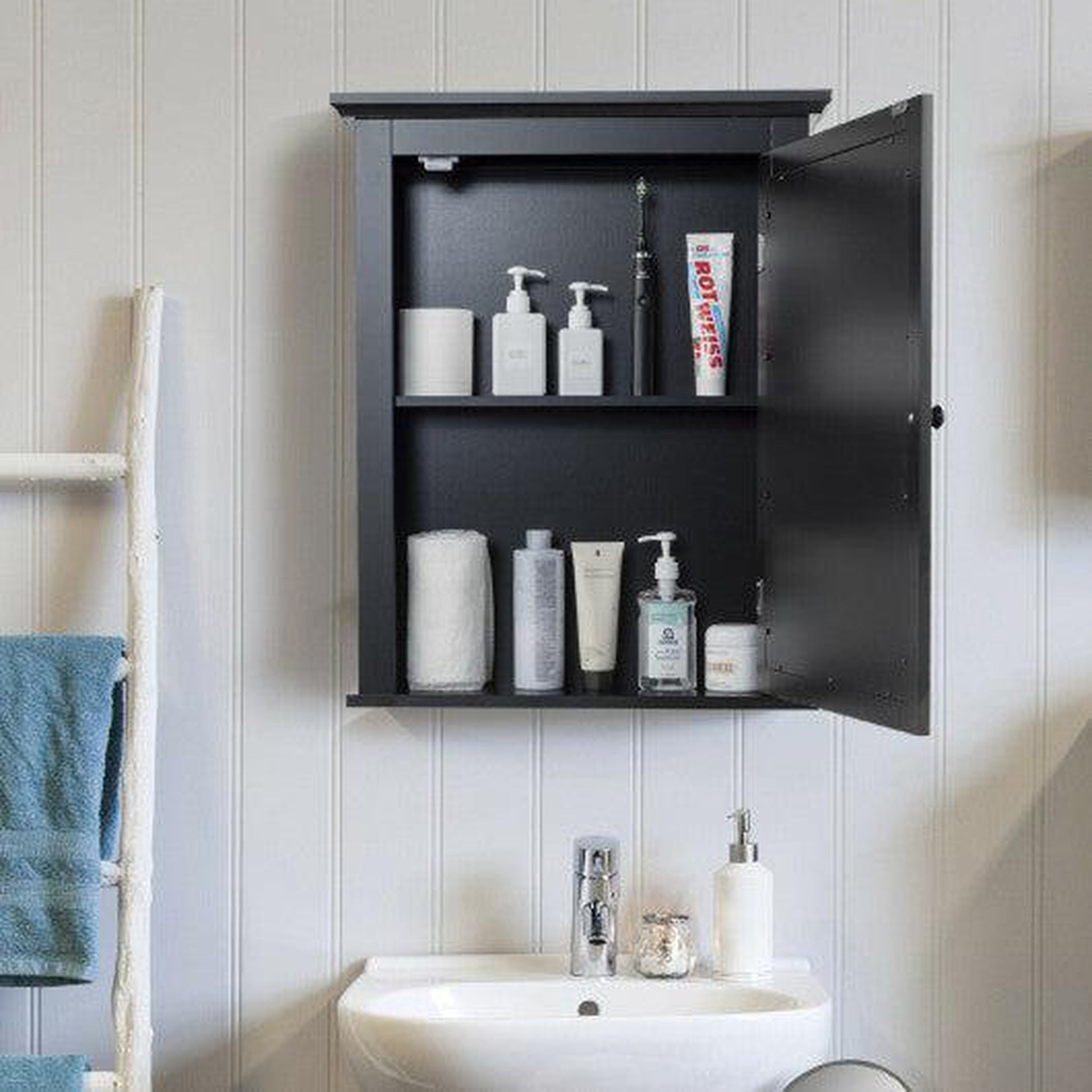 Costway Black Wall Mounted Bathroom Mirror Cabinet with 5-level Height-adjustable Shelf