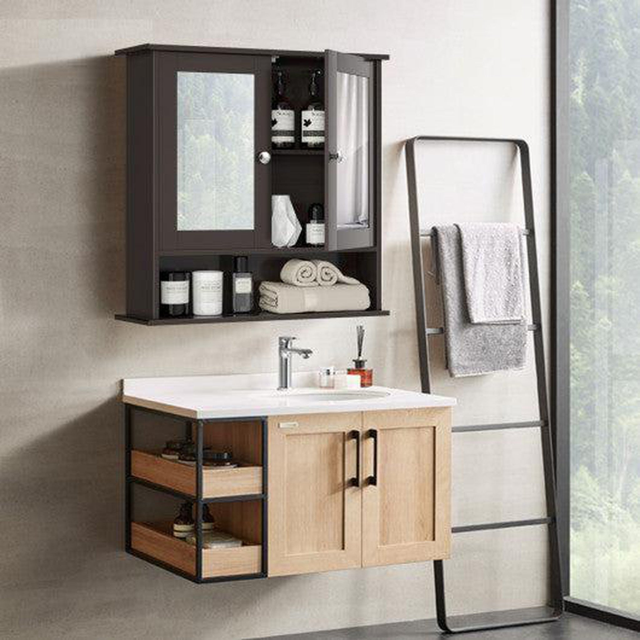 Store Bathroom Wall Mount Mirror Cabinet Organizer Brown