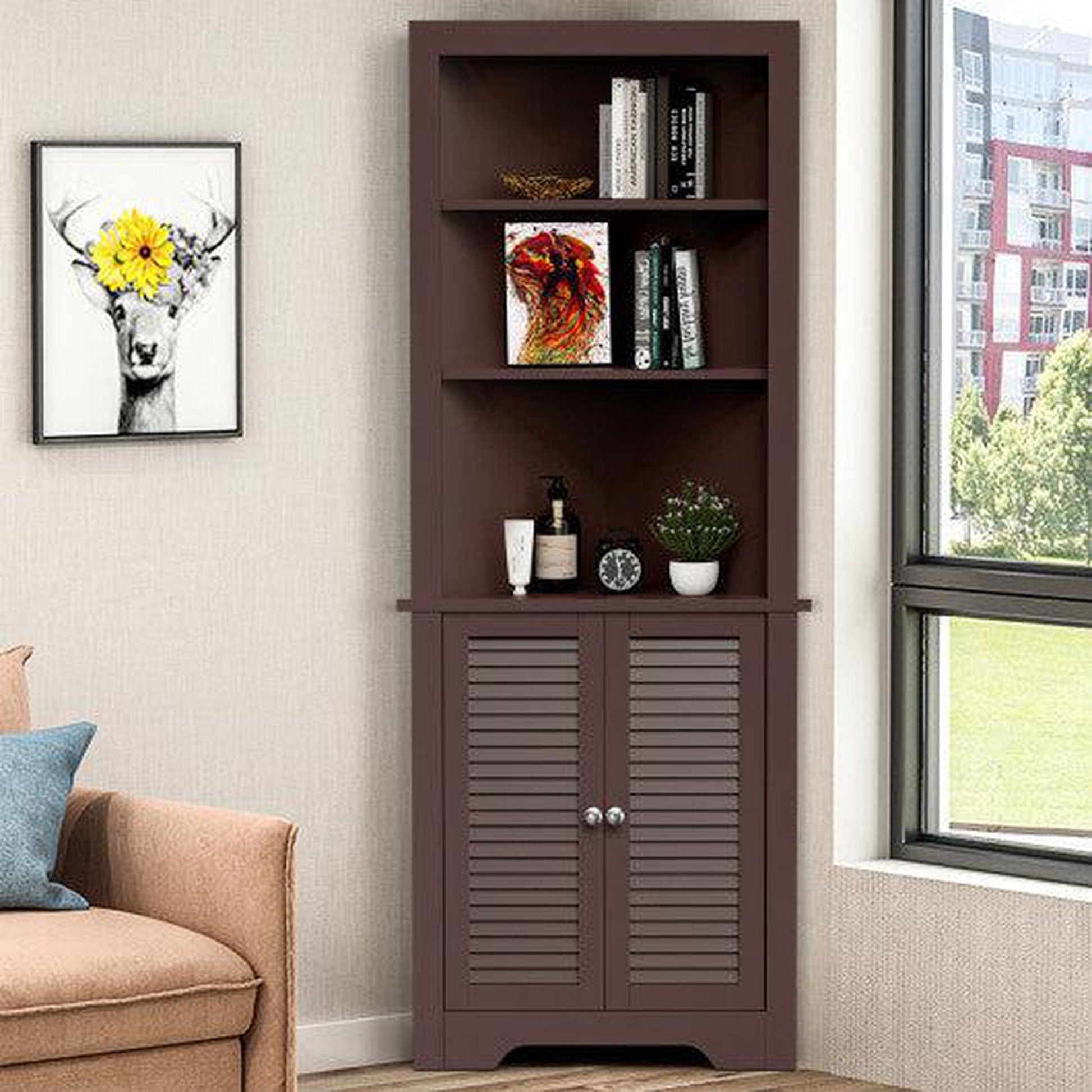Costway Brown Free Standing Tall Bathroom Corner Storage Cabinet with 3 Shelves
