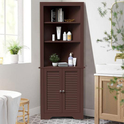 Costway Brown Free Standing Tall Bathroom Corner Storage Cabinet with 3 Shelves