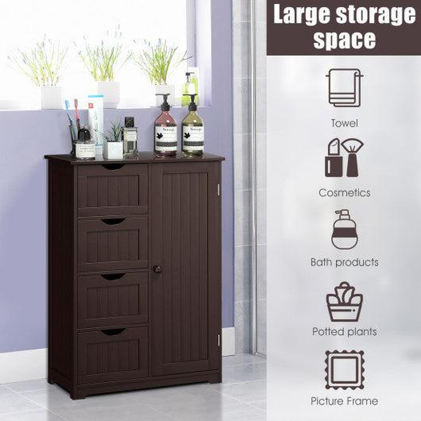 Costway Brown Standing Indoor Wooden Cabinet with 4 Drawers