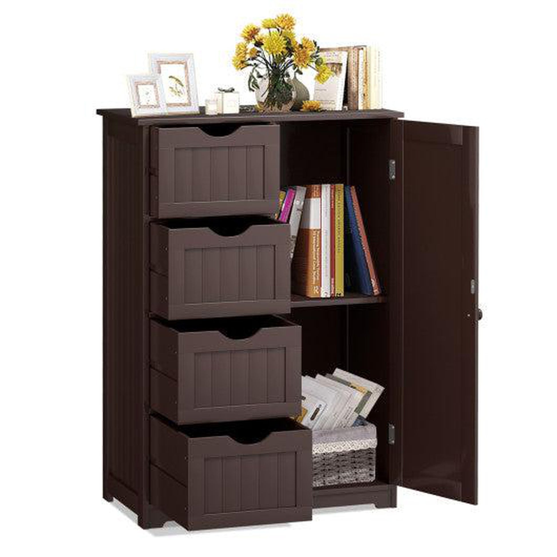 Costway Brown Standing Indoor Wooden Cabinet with 4 Drawers