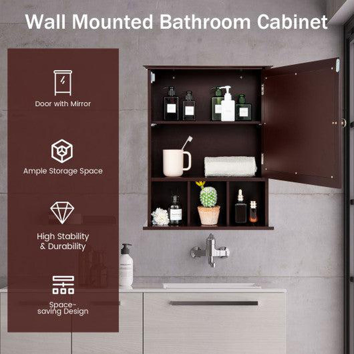 Costway Brown Wall Mounted and Mirrored Bathroom Cabinet