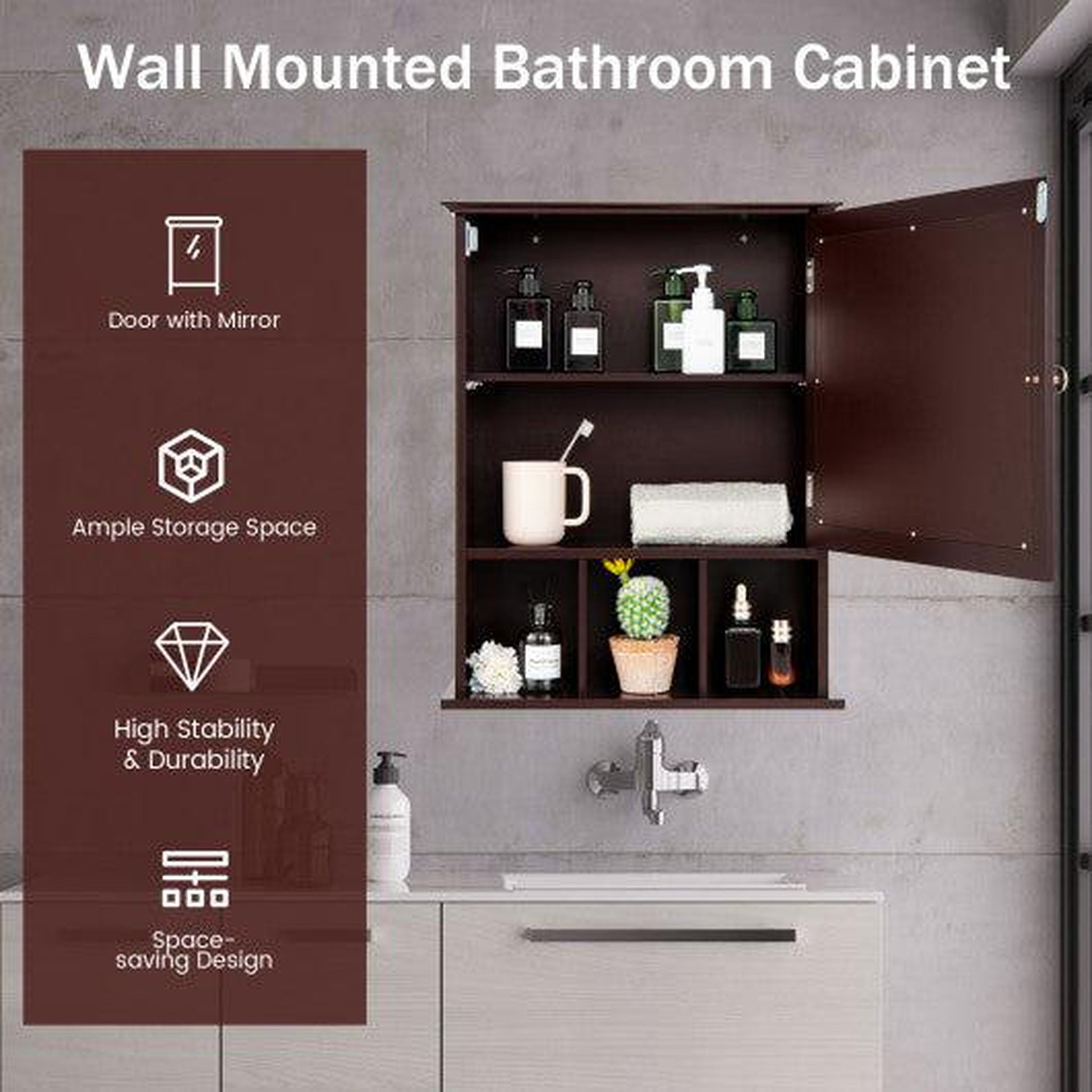Costway Wall-mounted Cabinet Bathroom Storage 2-tier Shelf