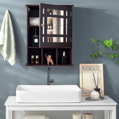 Costway Brown Wall Mounted and Mirrored Bathroom Cabinet