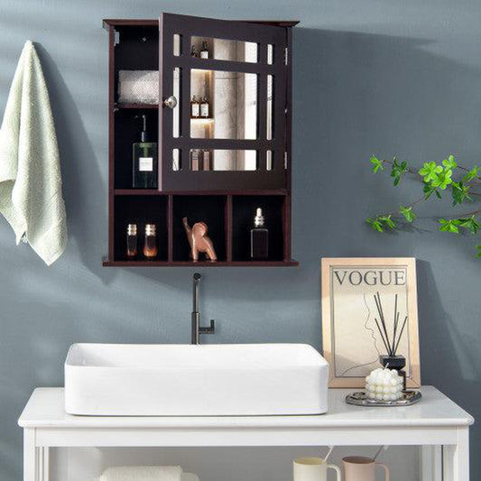 Costway Brown Wall Mounted and Mirrored Bathroom Cabinet