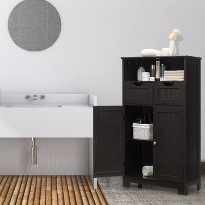 Costway Dark Brown Bathroom Wooden Side Cabinet with 2 Drawers and 2 Doors