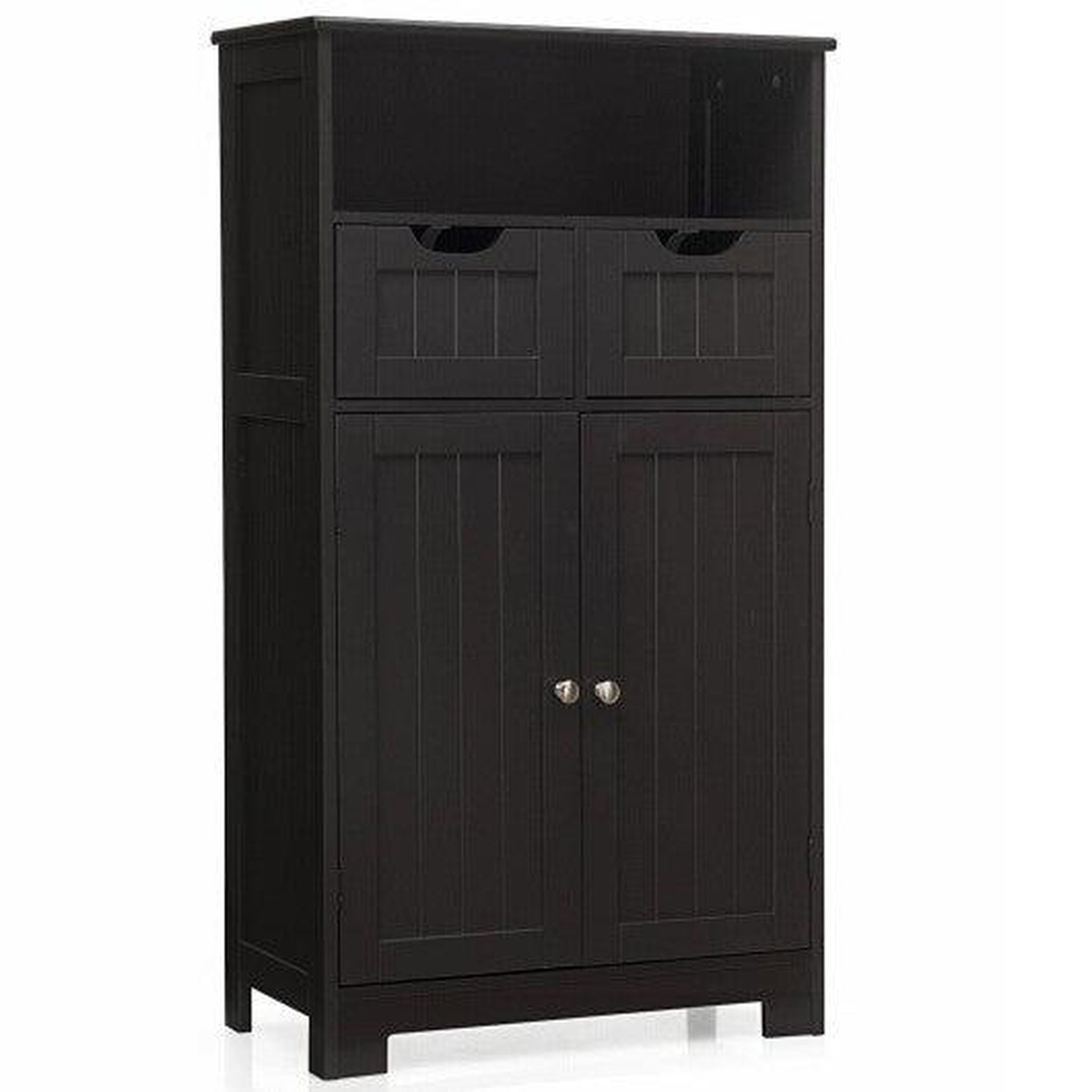 Costway Dark Brown Bathroom Wooden Side Cabinet with 2 Drawers and 2 Doors
