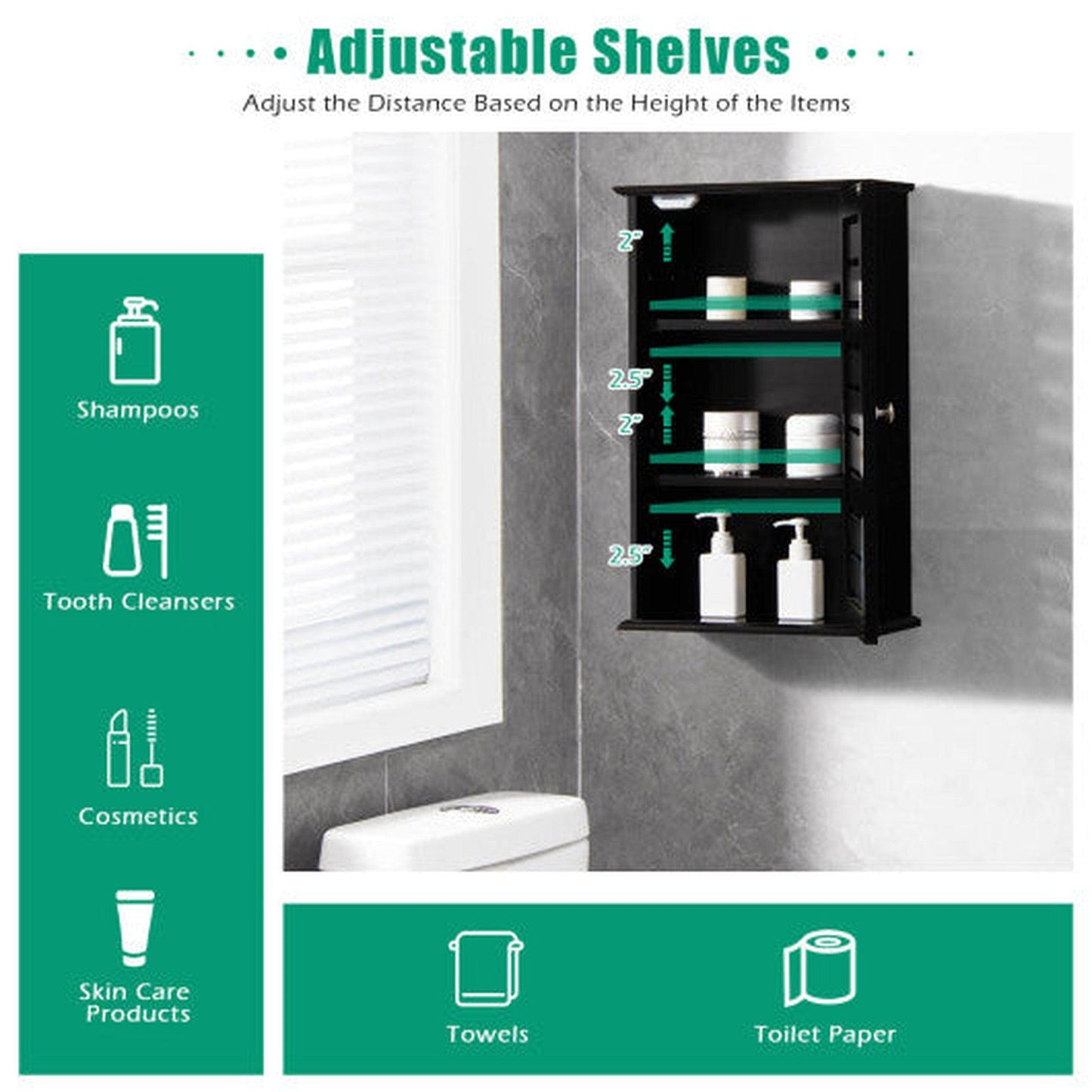 Costway Dark Brown Wall Mount Medicine Cabinet Multifunction Storage Organizer