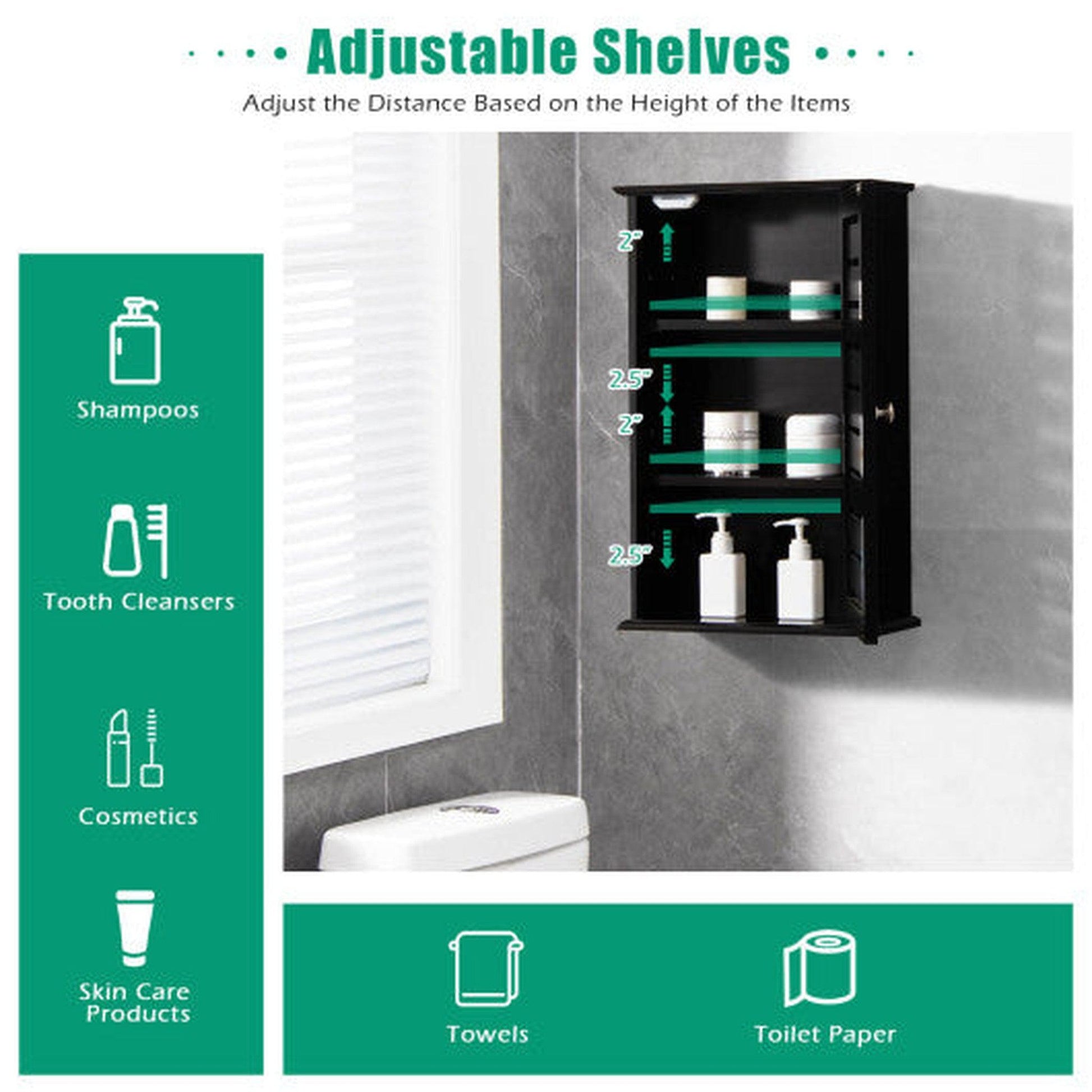 Costway Dark Brown Wall Mount Medicine Cabinet Multifunction Storage Organizer