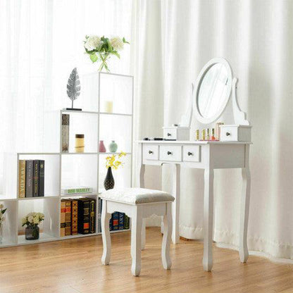 Costway Dressing Table Set with Oval Mirror Stool and 5 Storage Drawers