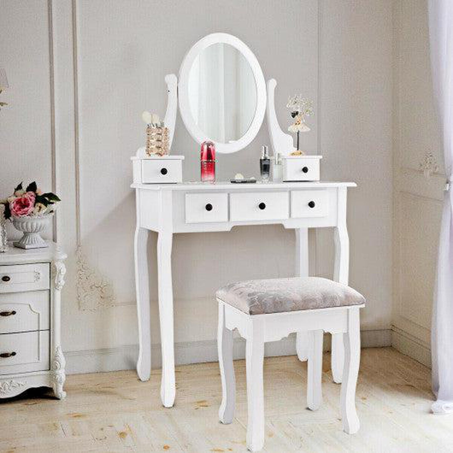 Costway Dressing Table Set with Oval Mirror Stool and 5 Storage Drawers