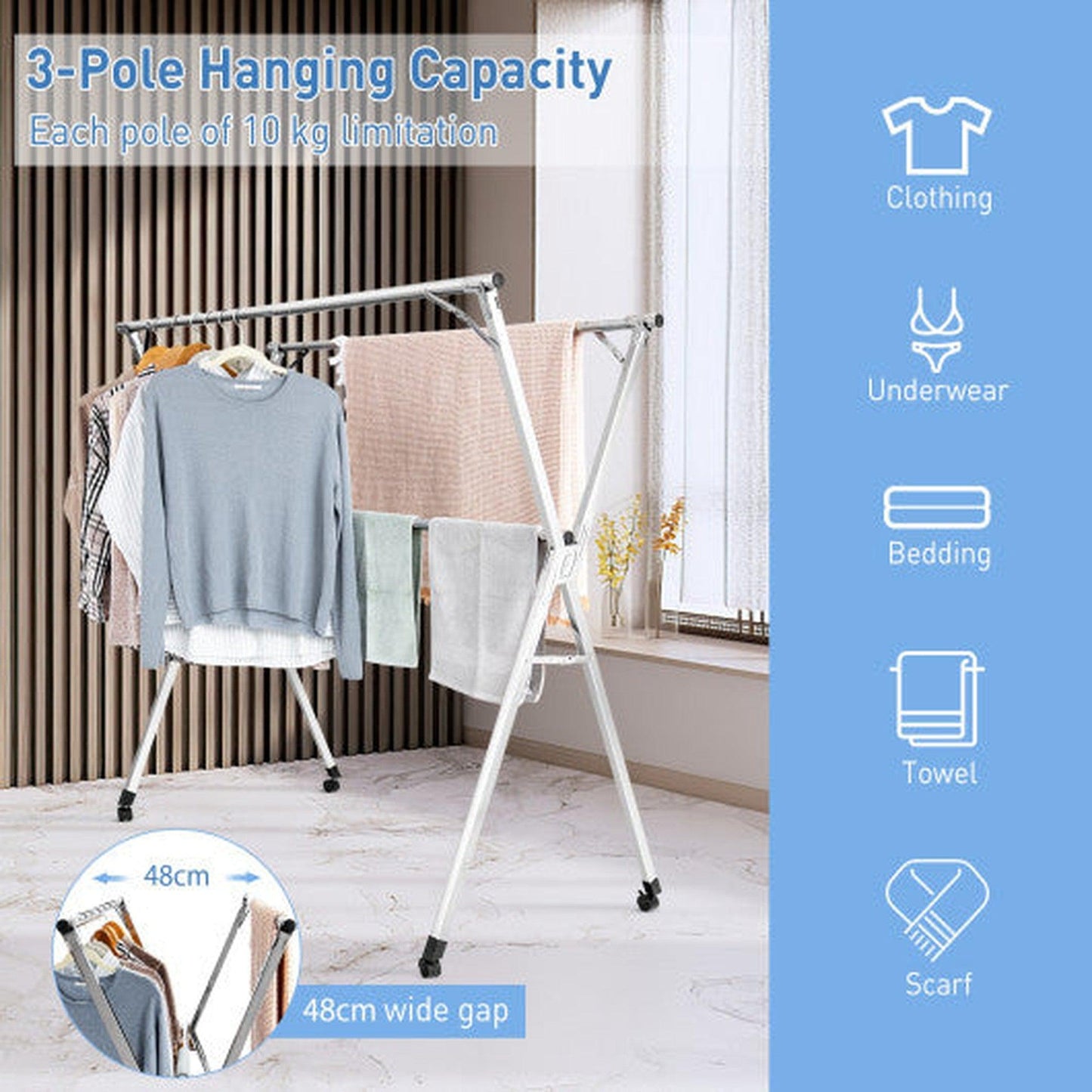 Costway Foldable Steel Clothes Drying Rack with 4 Universal Wheels for Laundry