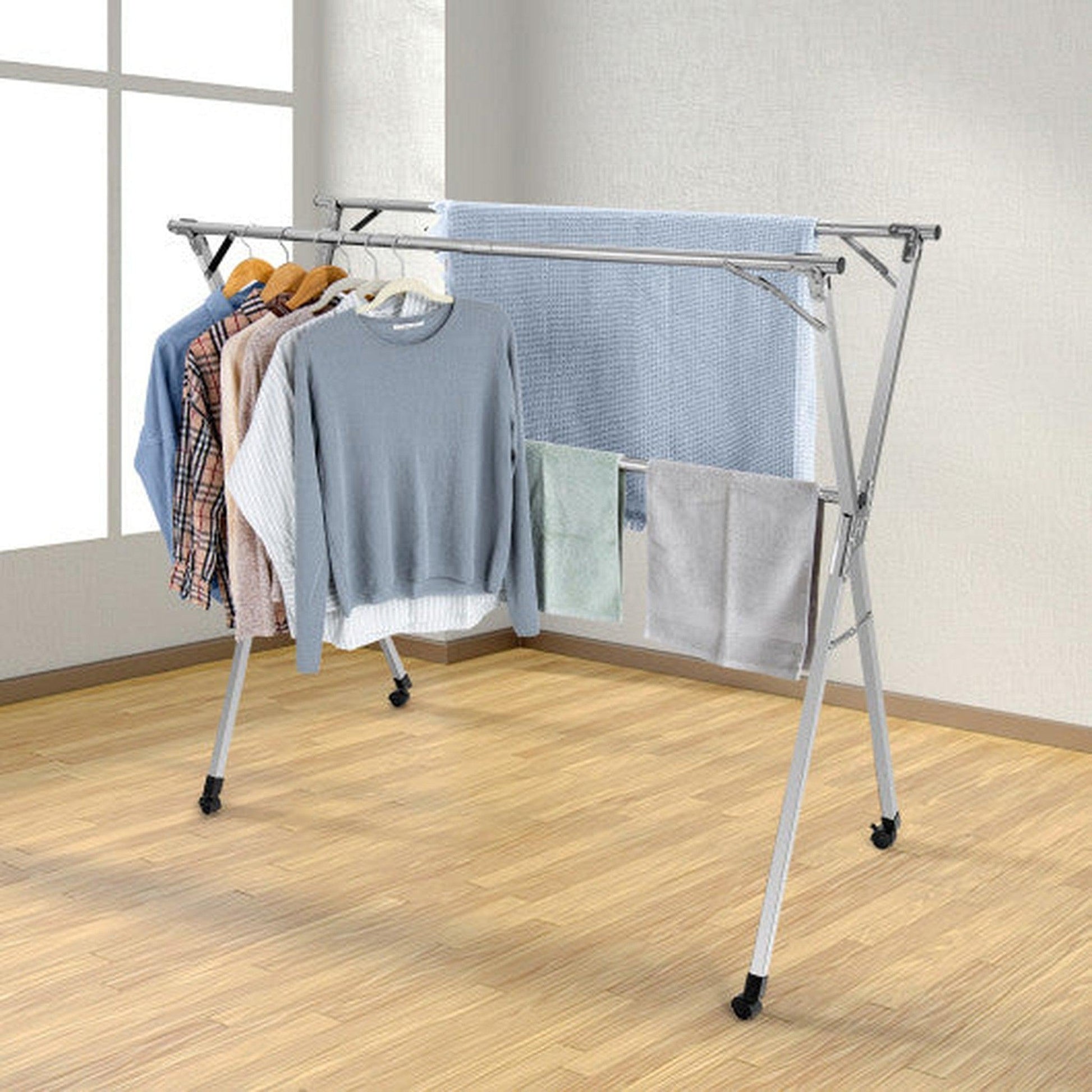Costway Foldable Steel Clothes Drying Rack with 4 Universal Wheels for Laundry