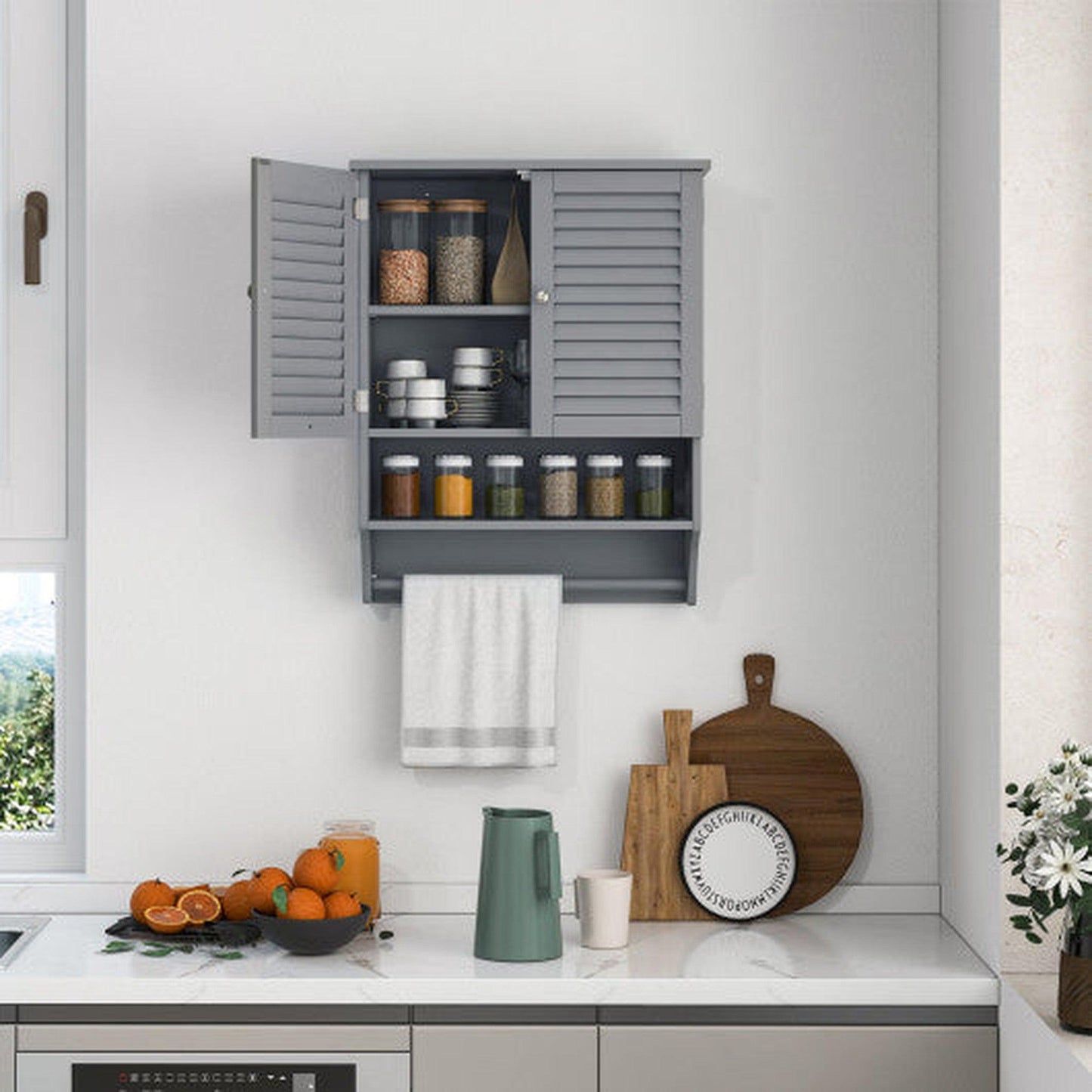 Costway Gray 2-Doors Bathroom Wall-Mounted Medicine Cabinet with Towel Bar