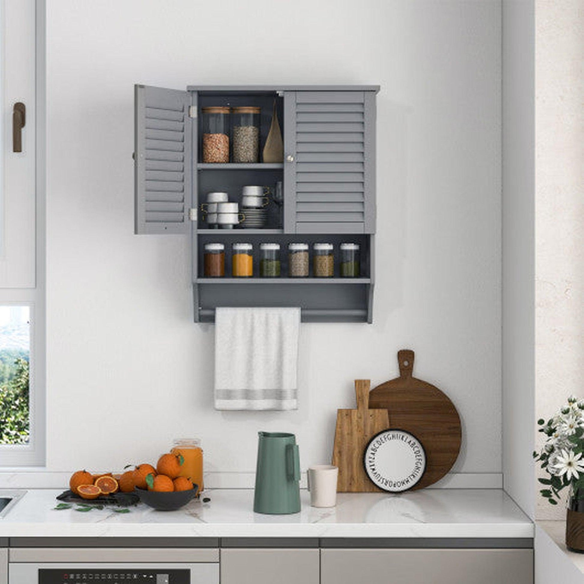 Costway Gray 2-Doors Bathroom Wall-Mounted Medicine Cabinet with Towel Bar