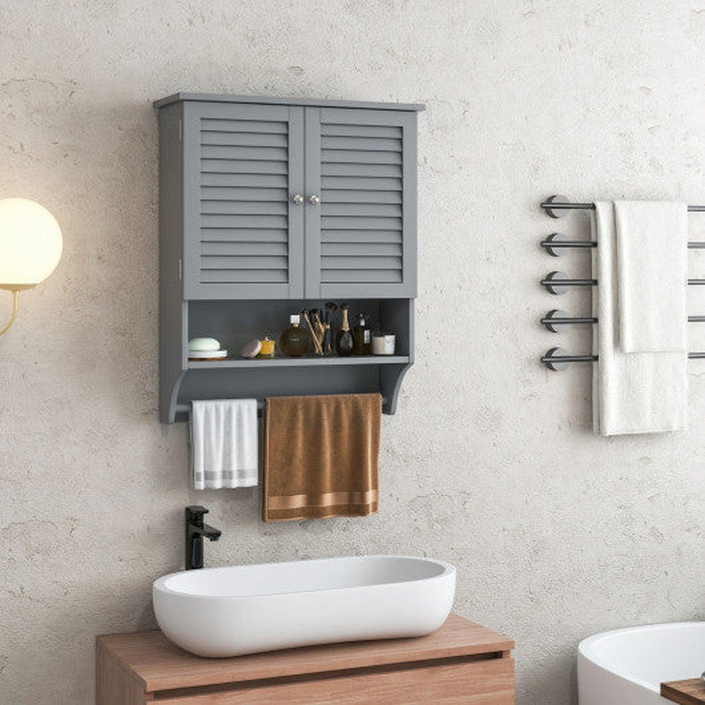 Costway Gray 2-Doors Bathroom Wall-Mounted Medicine Cabinet with Towel Bar