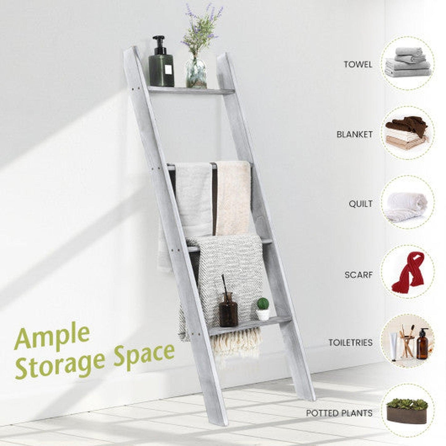 Costway Gray 4-Tier Wall Leaning Ladder Shelf Stand