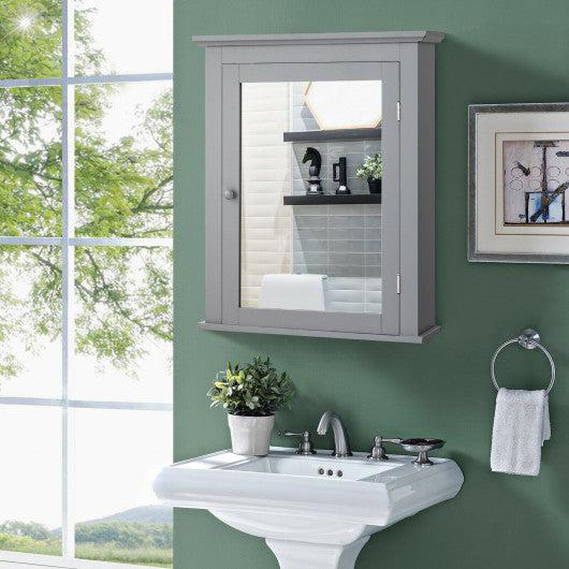 Costway Gray Bathroom Mirror Cabinet Wall Mounted Adjustable Shelf Medicine Storage