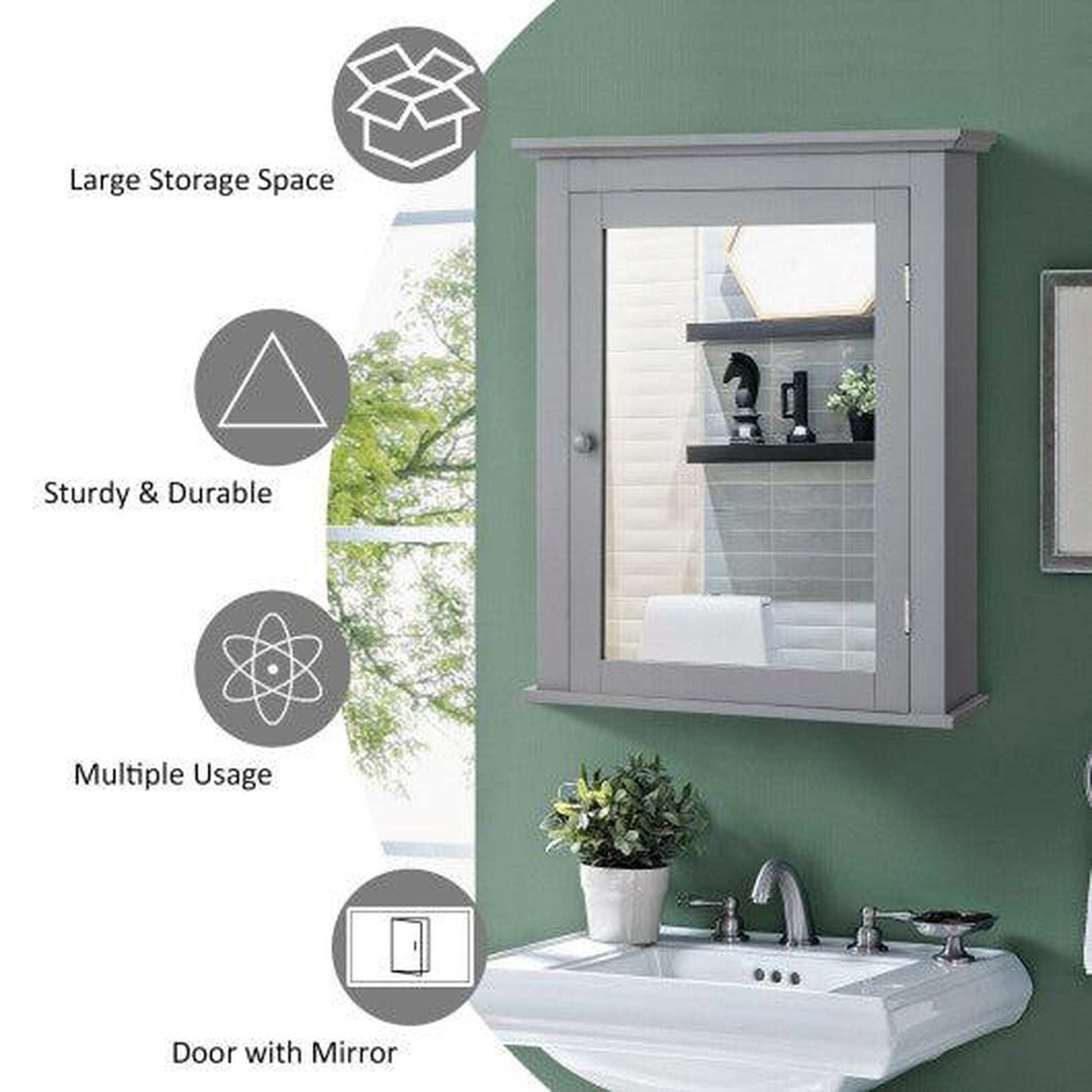 Costway Gray Bathroom Mirror Cabinet Wall Mounted Adjustable Shelf Medicine Storage