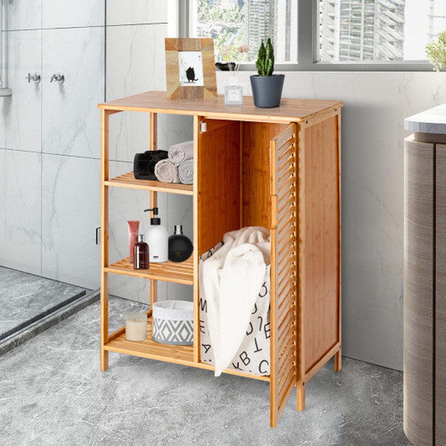Costway Natural Bamboo Bathroom Storage Cabinet with Single Door
